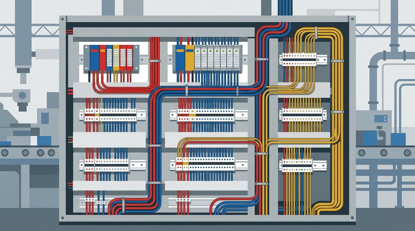 Technician landing color-coded sensor wires on DIN-rail terminal blocks inside an industrial control cabinet, routing power and signal to a PLC input card