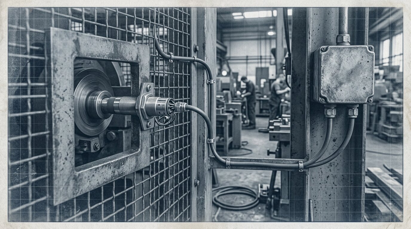 Inductive proximity sensor mounted on a conveyor machine guard with cable routed to a junction box feeding the control system