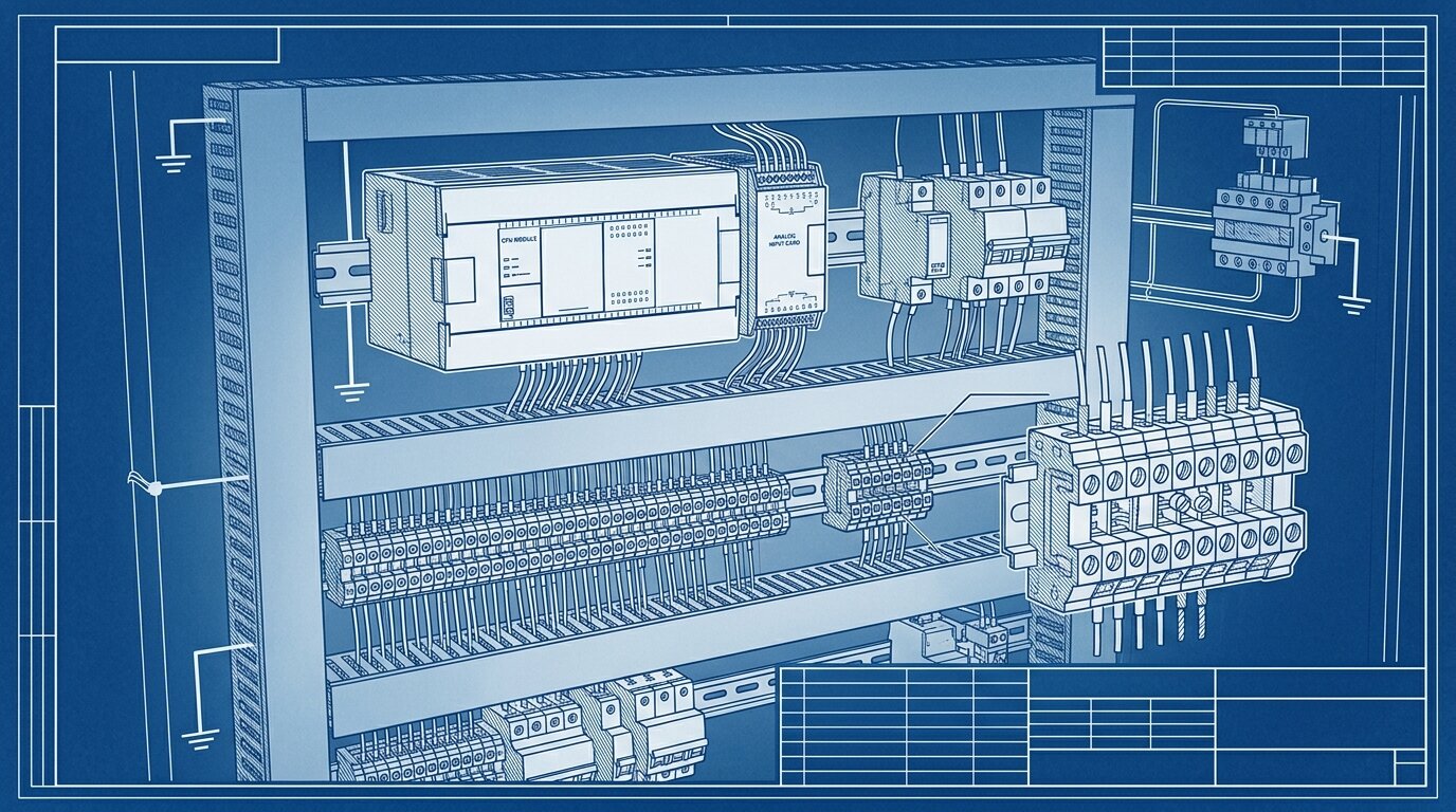 A PLC with an analog input card and terminal blocks inside a control cabinet, where a 4-20mA loop lands and a sense resistor converts the current to a readable voltage