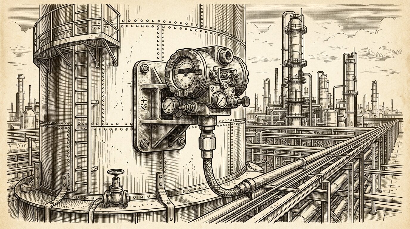 A field transmitter bolted to a process tank in a refinery, its signal cable running along a pipe rack toward the control room far away