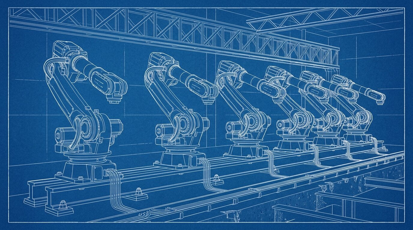 Synchronized multi-axis servo robots in lockstep motion, illustrating EtherCAT's sub-100 microsecond determinism