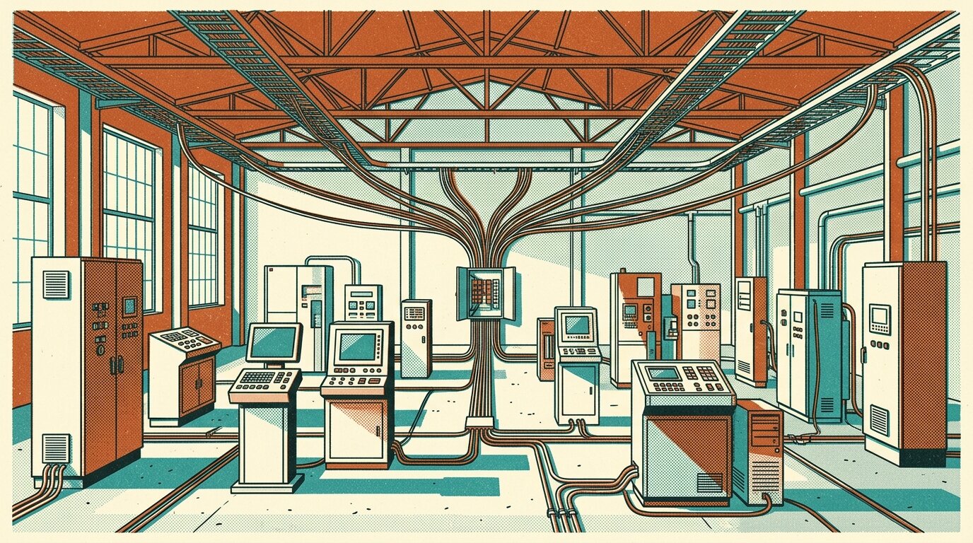 Flexible star-topology plant network linking diverse machine cabinets, illustrating PROFINET's plant-wide flexibility