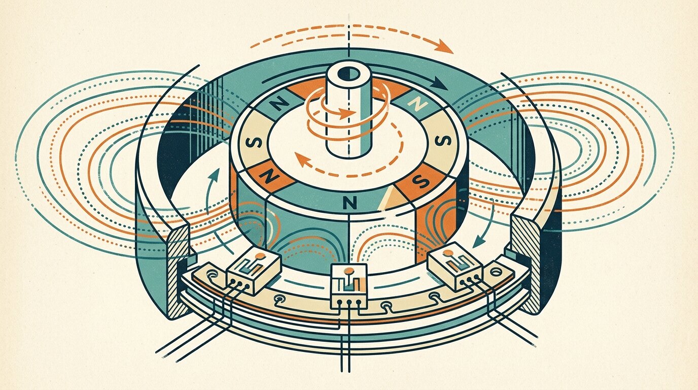 A brushless motor rotor with alternating north and south poles passing three Hall-effect sensors that time the coil switching for commutation