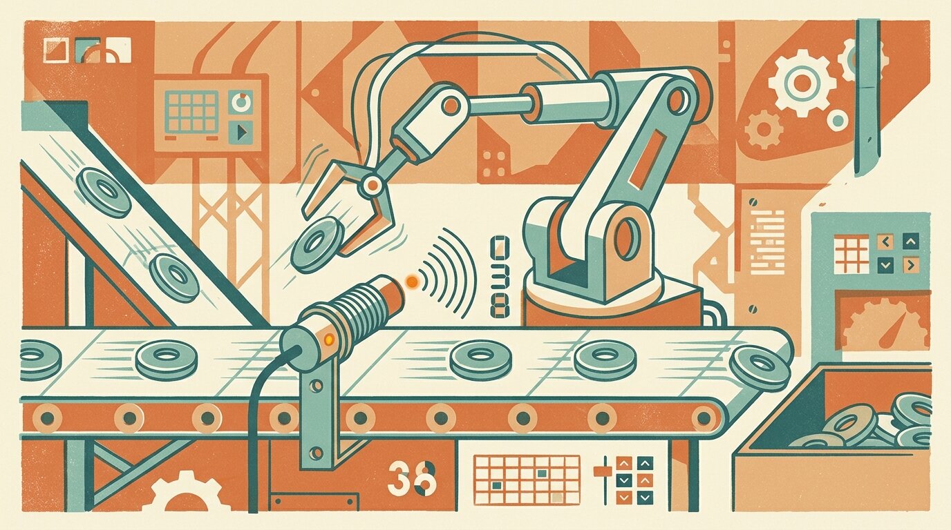 An inductive proximity sensor on an automated line detecting and counting metal parts as they pass a robotic cell