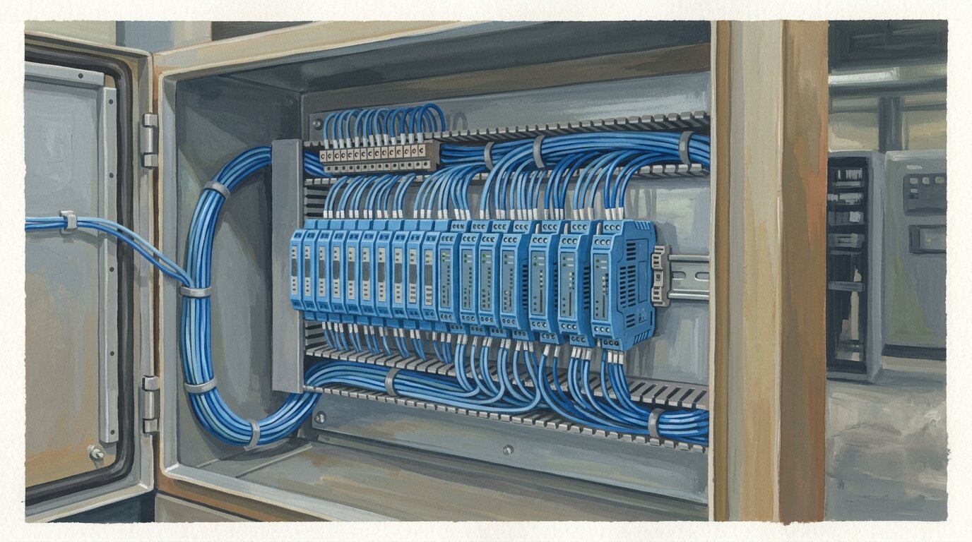 A bank of DIN-rail intrinsic-safety barrier modules in a safe-area marshalling cabinet, each channel protecting one hazardous-area loop