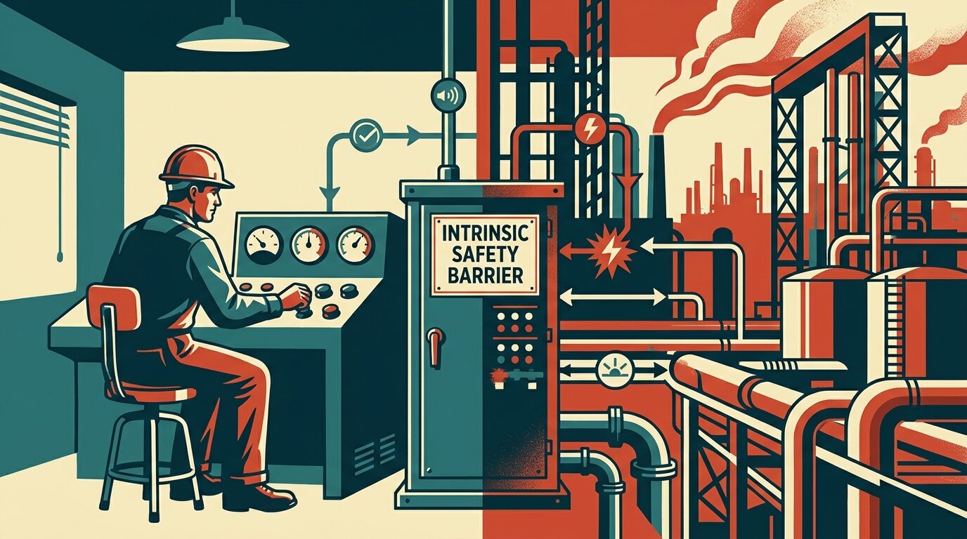 The intrinsic-safety barrier sits at the boundary between the safe area and the hazardous area, limiting the energy that can cross into the explosive atmosphere