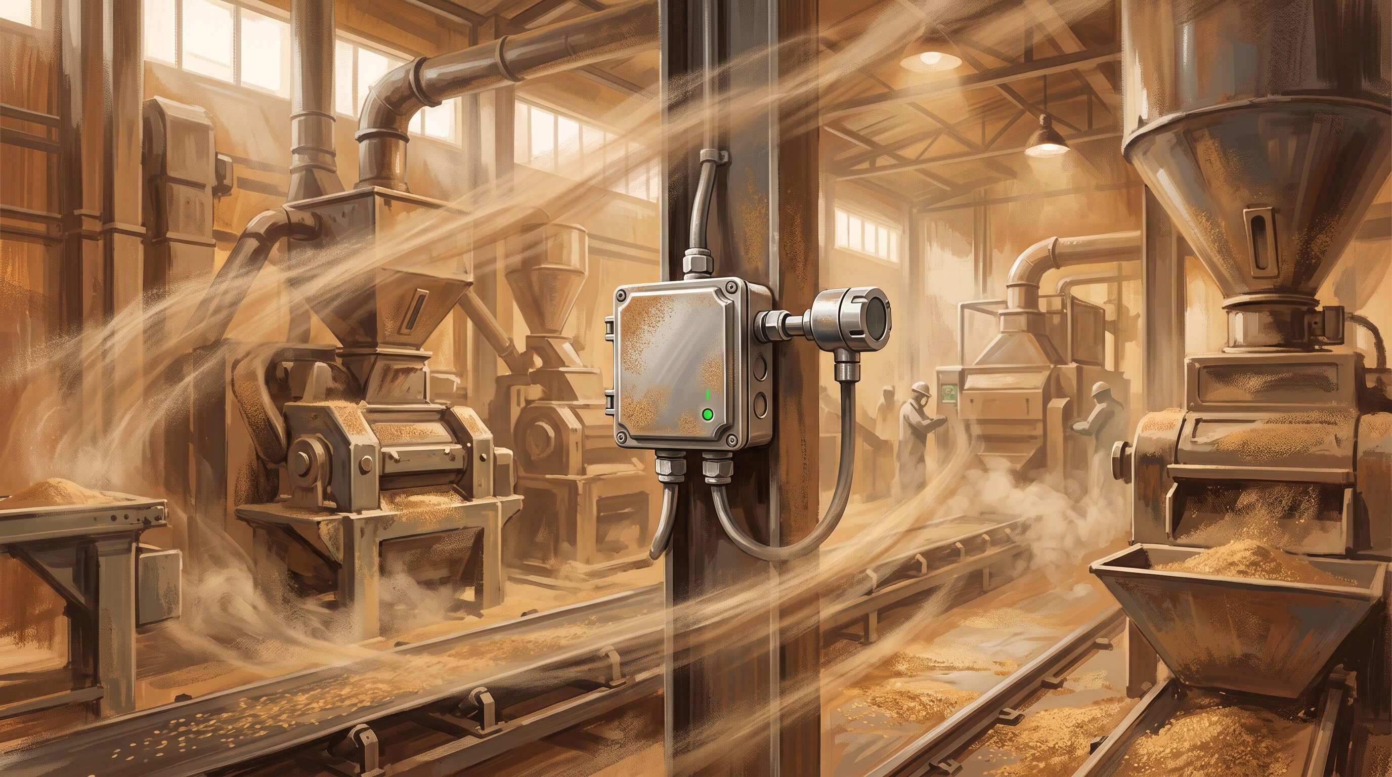 Dust-tight junction box mounted in a hazy cement plant interior with airborne particulate