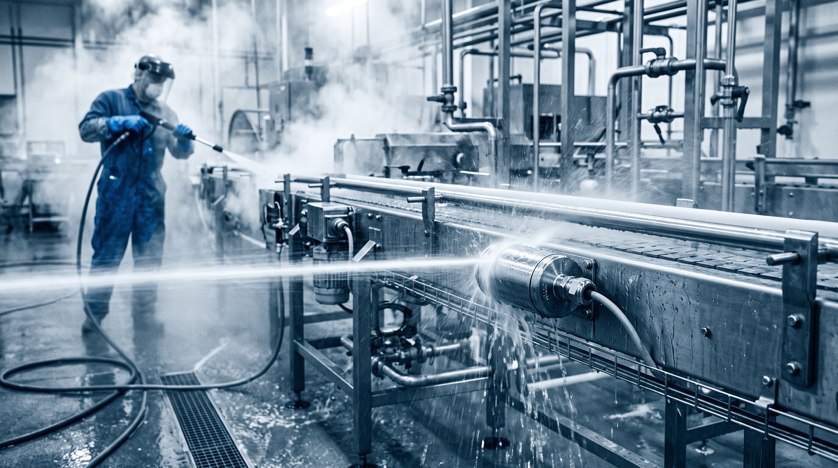 Stainless steel sensor surviving a high-pressure hot-water washdown spray on a food production line