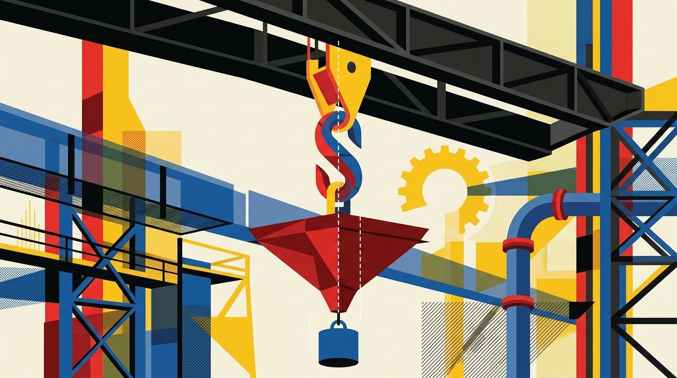 S-type load cell suspending a hopper in tension from an overhead beam, its S-shaped spring element carrying the hanging load