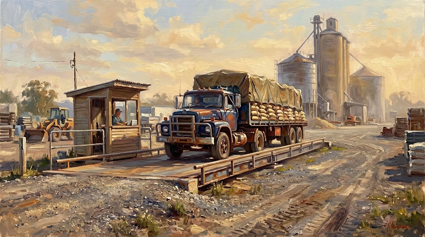 A loaded truck on a weighbridge at a grain terminal, its weight carried by load cells built into the steel deck