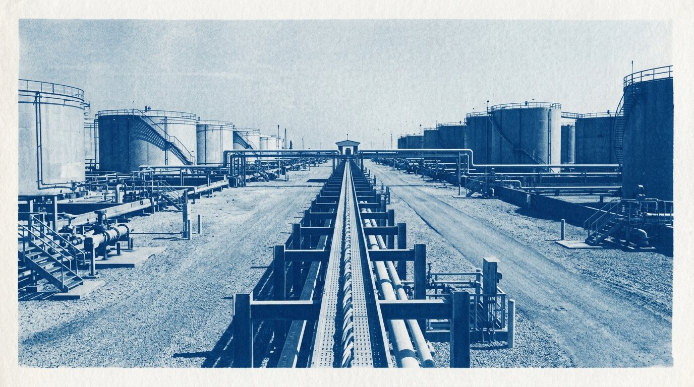 A cyanotype print of a tank farm pipe rack carrying a single signal cable hundreds of meters toward a distant instrument shelter, showing the long cable runs where RS-485 outdistances Ethernet