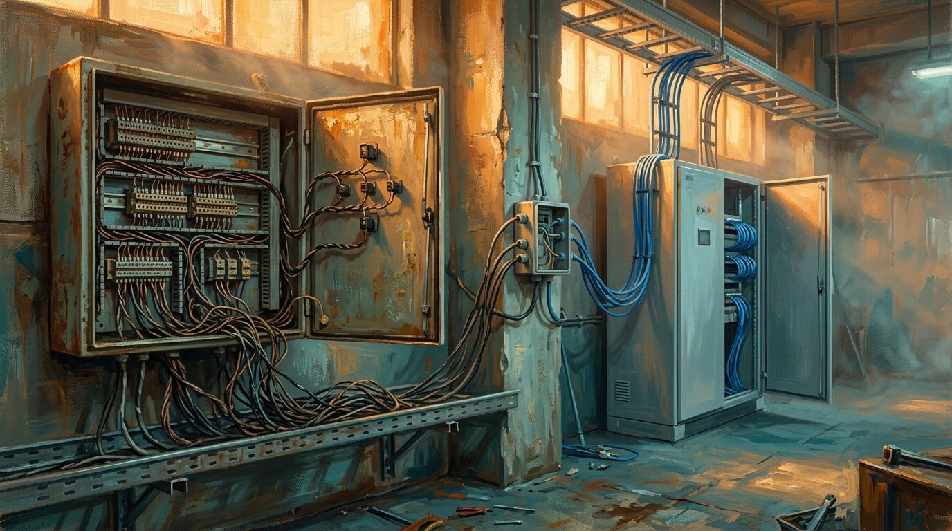 An oil painting of a factory electrical room where an aged serial terminal enclosure and a modern Ethernet cabinet meet at a gateway mounted between them