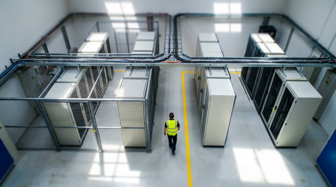 A tilt-shift photograph of a segmented industrial network room with a caged cabinet zone and cable trays crossing between zones at a single point, illustrating network segmentation