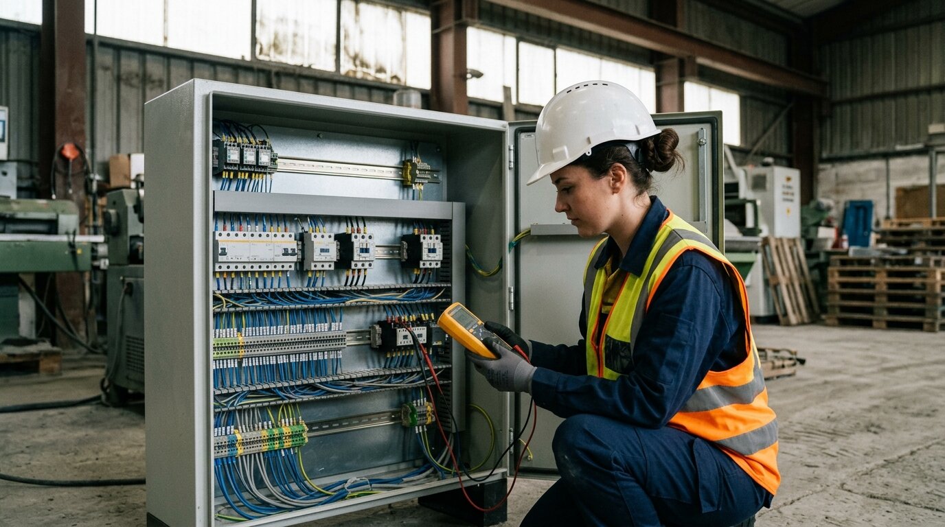 A technician kneeling at an open control cabinet measuring a 4-20mA loop signal with a digital multimeter on DIN-rail terminals