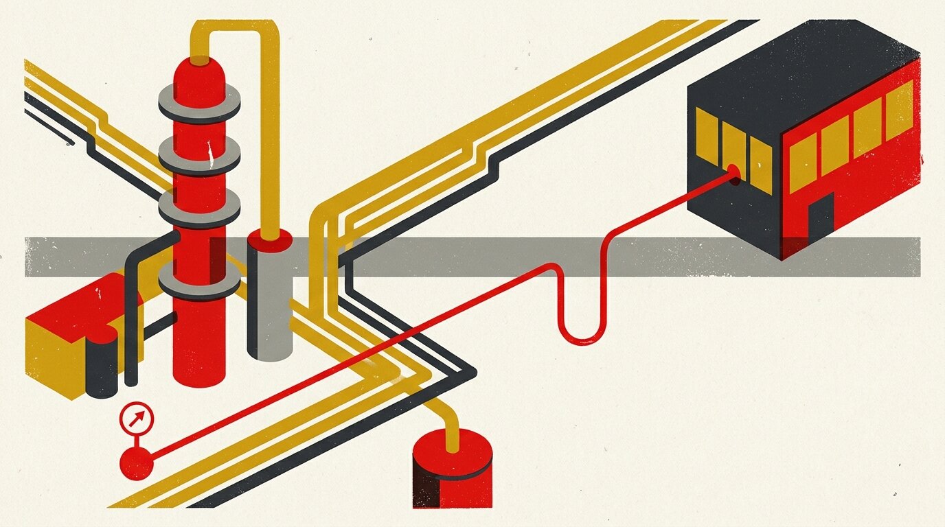 Stylised illustration of a process plant connected to a control room by a single signal line dipping below its valid band to signal a fault