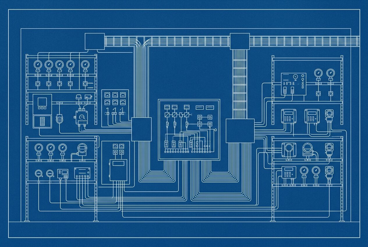 A cyanotype blueprint of an industrial instrument shop, gauges and junction boxes wired to a central panel, illustrating how OPC UA's semantic model gives structure to raw plant data