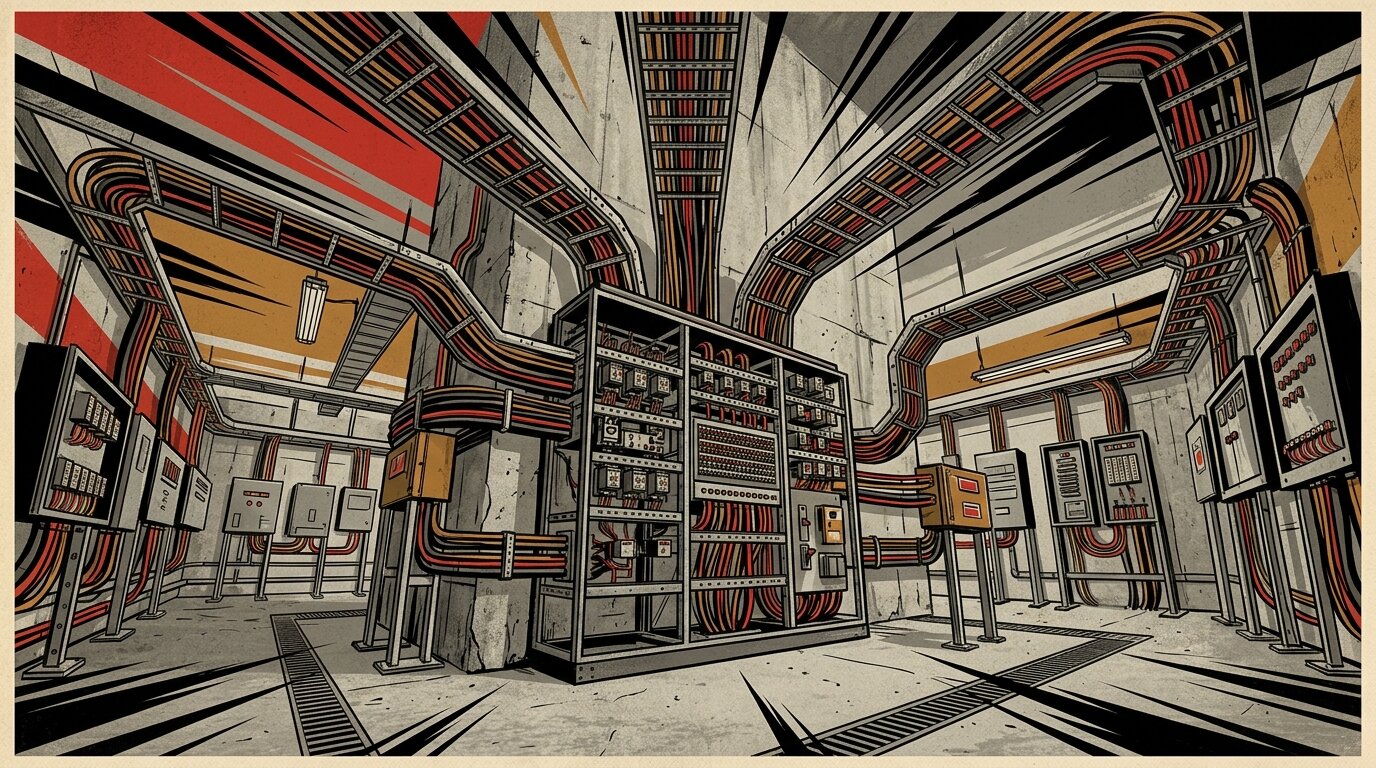 A constructivist poster illustration of a central relay cabinet with cable bundles radiating outward to distribution panels, evoking an MQTT broker fanning telemetry out to subscribers