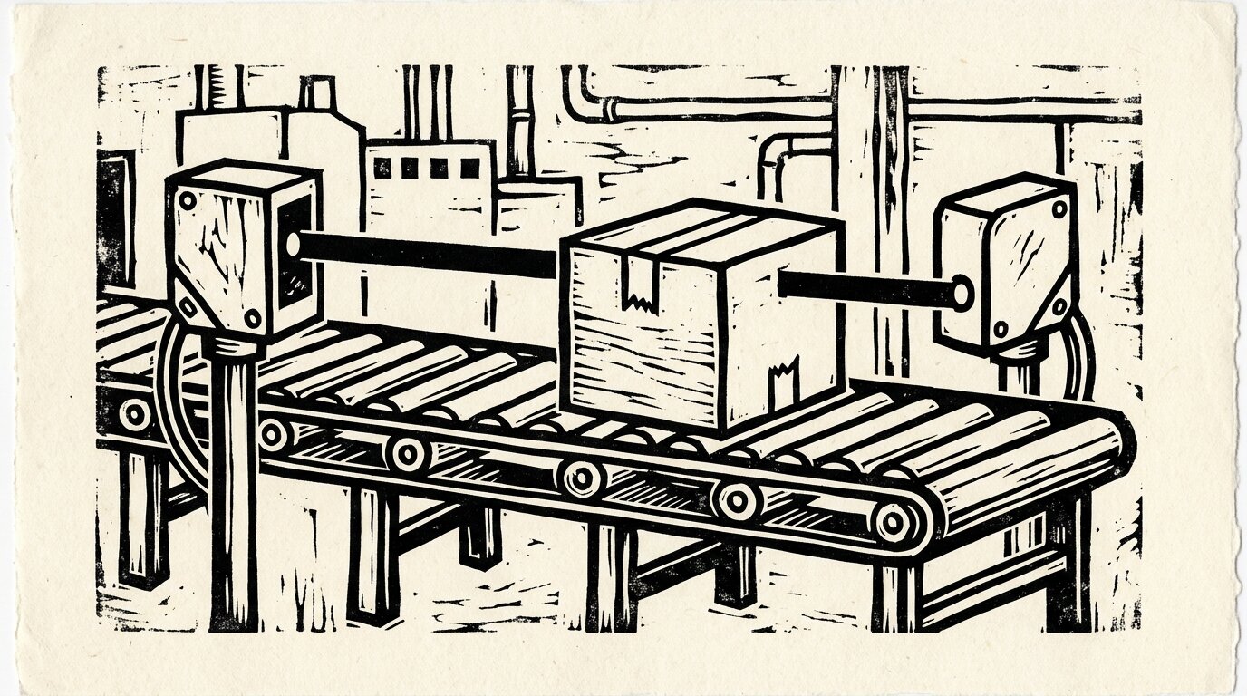 A through-beam photoelectric setup with a separate emitter and receiver on opposite sides of a conveyor, the beam broken by a box passing between them