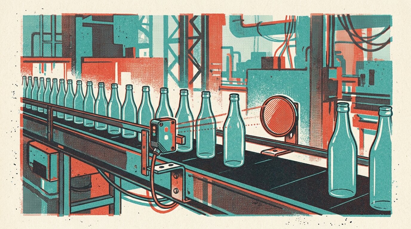A retroreflective photoelectric sensor and its reflector mounted across a bottling line, the beam detecting each bottle as it passes