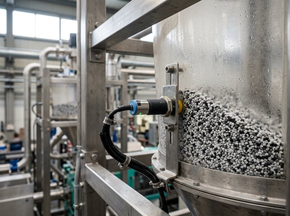 Capacitive proximity sensor mounted on a stainless hopper, detecting plastic pellets through the vessel wall for level sensing