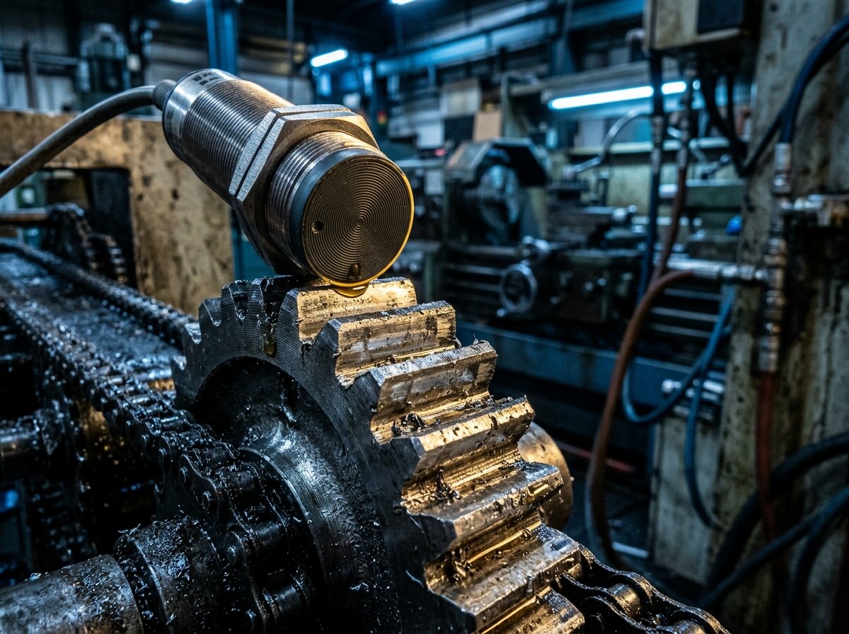 Inductive proximity sensor mounted above a steel gear on a conveyor, detecting the metal target without contact
