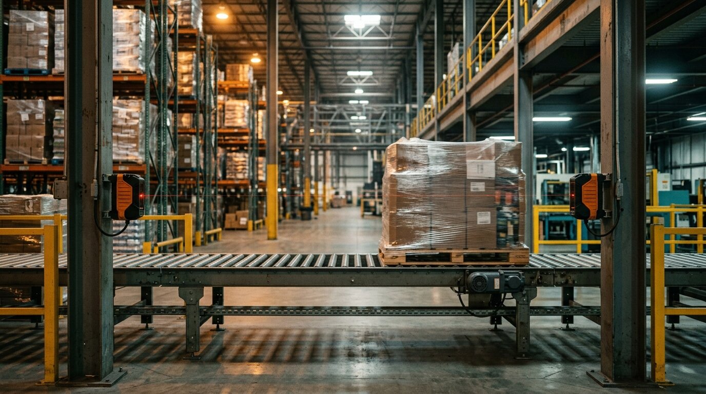 Through-beam photoelectric sensors on opposite uprights of a warehouse pallet conveyor, detecting a wrapped pallet at long range