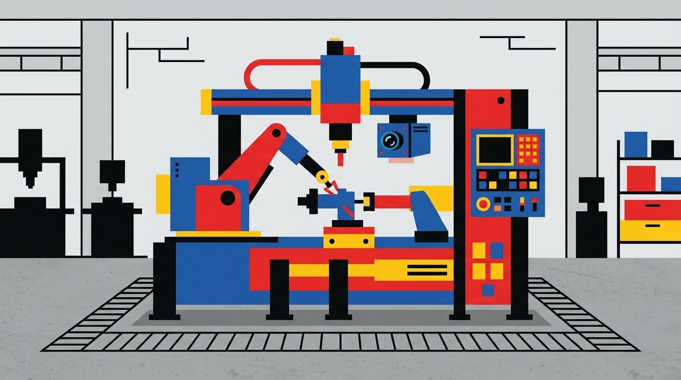 PAC controller running motion, vision, and enterprise data tasks alongside a plant automation panel