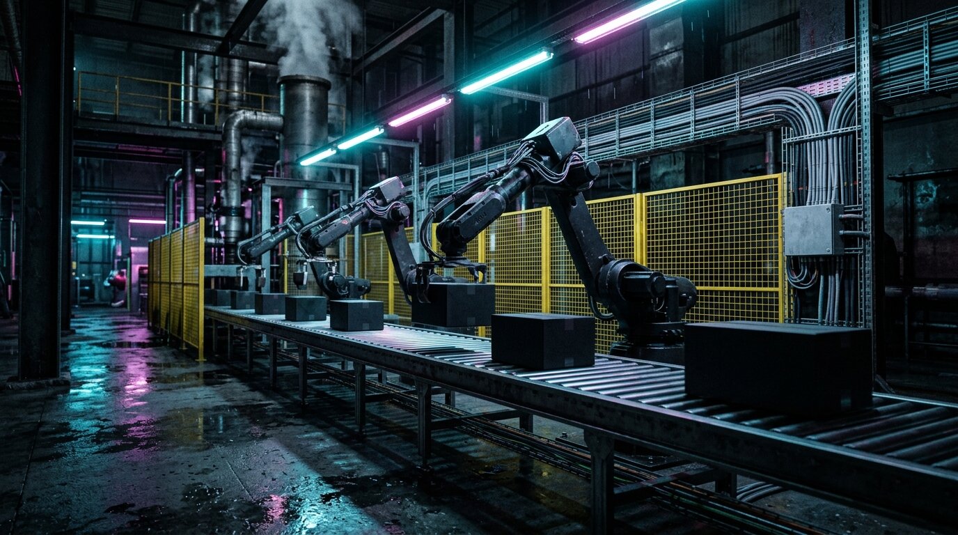 A cyberpunk night scene of unmarked robot arms working a conveyor line under neon light, evoking the high-speed deterministic motion control where cycle times decide the protocol