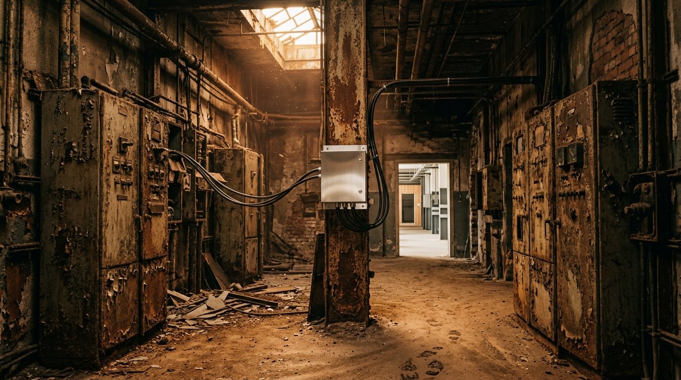 A post-apocalyptic factory corridor of rusted control cabinets bridged by one new gateway junction box toward a renovated hall, illustrating a legacy plant retrofit