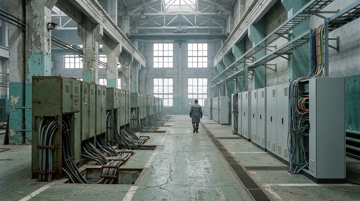 A brutalist factory hall where a row of aged green control cabinets faces a row of modern grey network cabinets across a central aisle, mirroring the Siemens versus Rockwell ecosystem divide