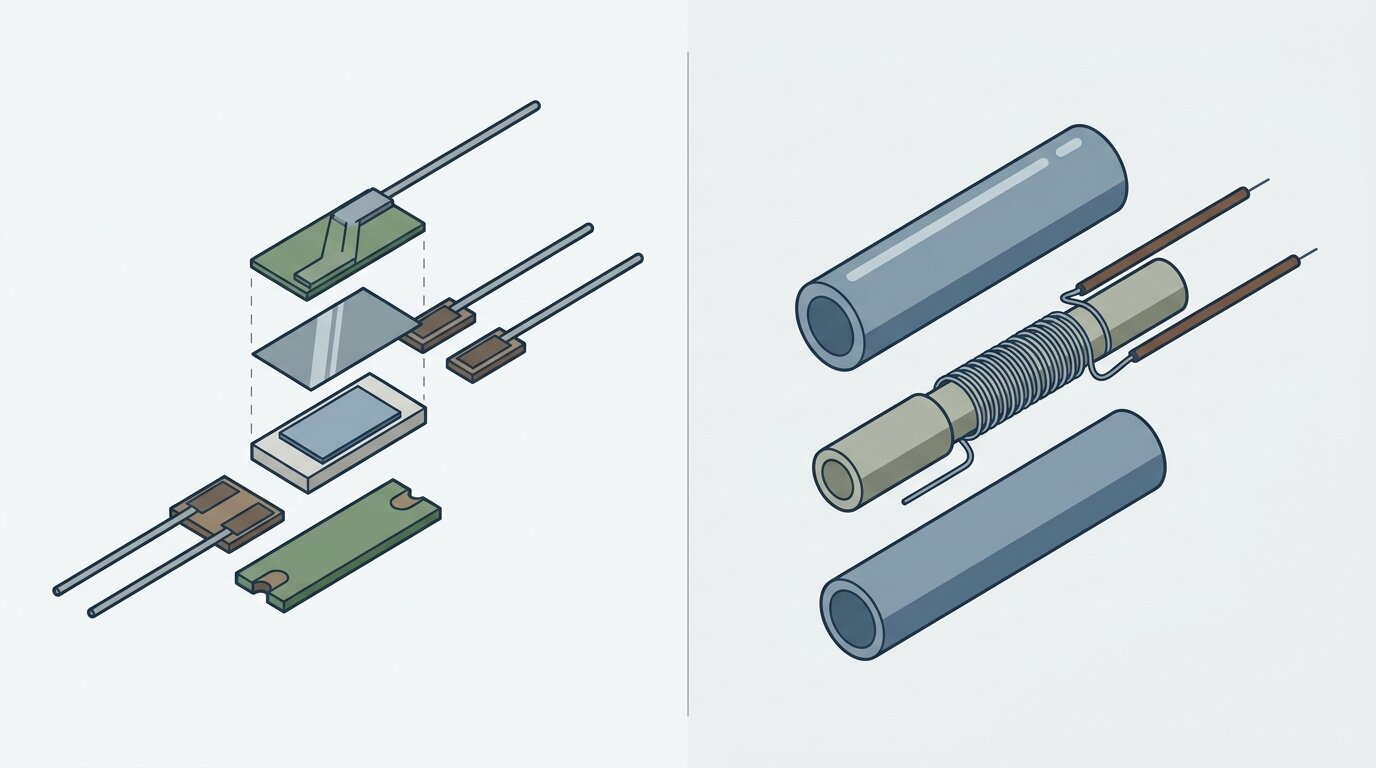 Two RTD element constructions side by side, a thin-film platinum element on a ceramic chip and a wire-wound platinum coil inside a ceramic tube