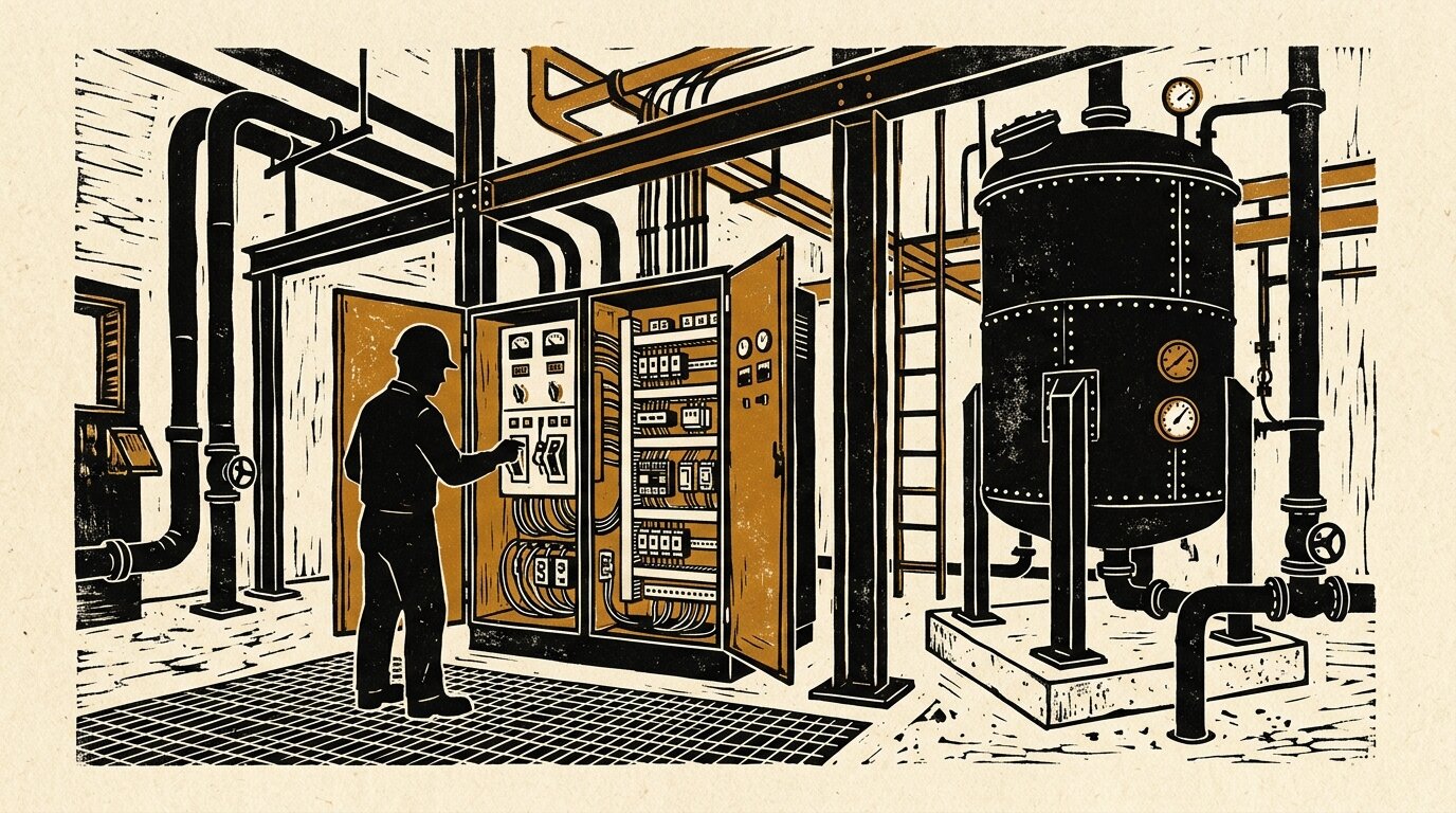 A worker at an open electrical cabinet beside a process tank on the plant floor, where the analog input card and its raw range configuration live