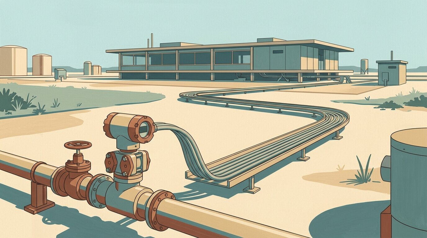 Illustration of a field transmitter on a pipeline connected by a long cable-tray run to a distant control building, where the current signal becomes a number