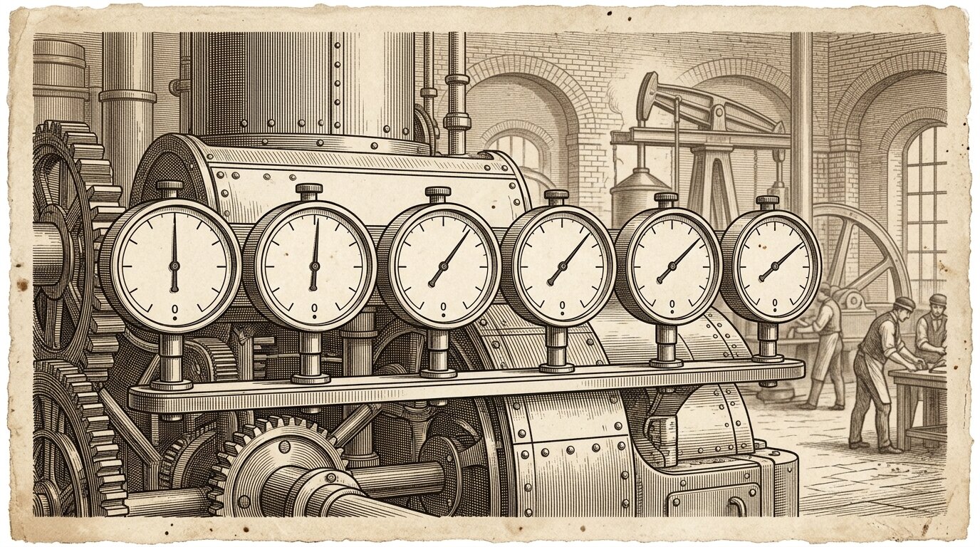 Row of identical dial gauges each drifting further off zero, illustrating progressive sensor drift over time