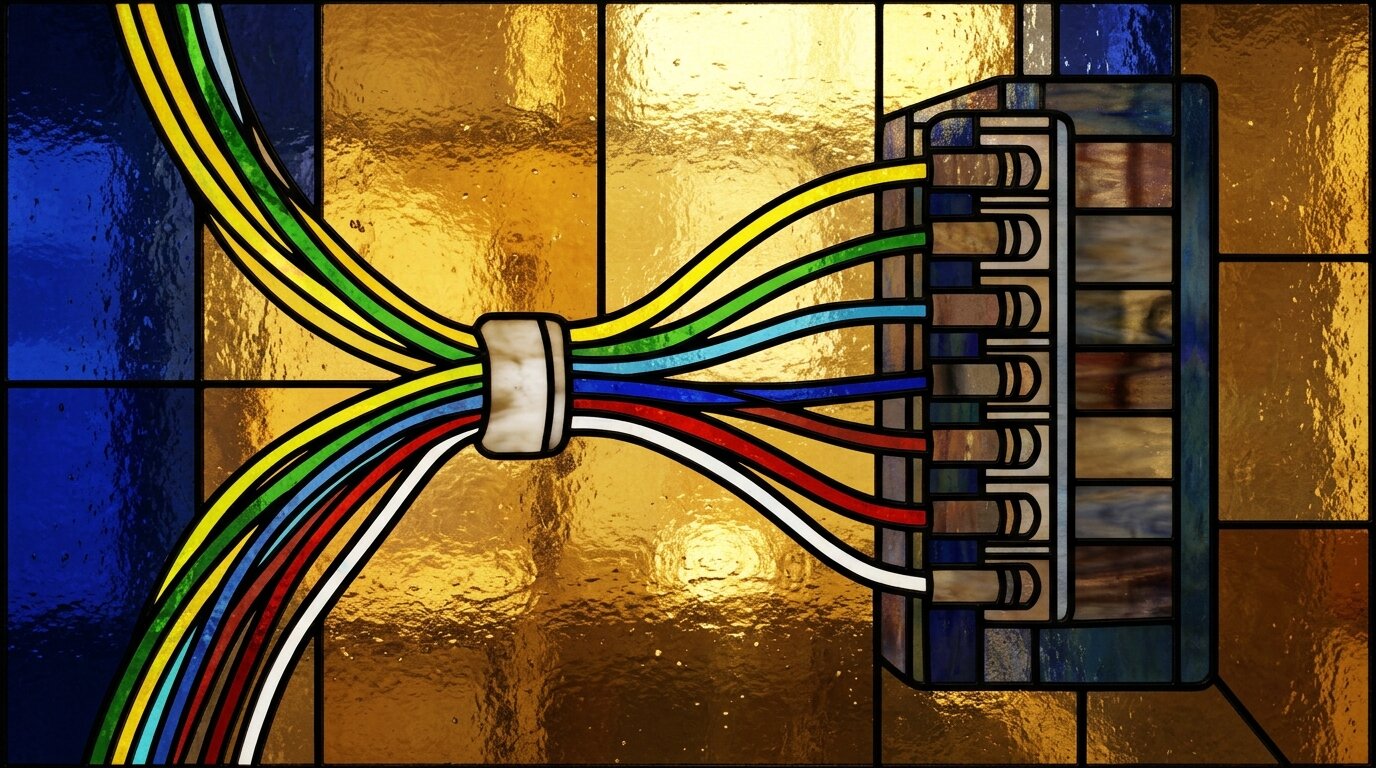 Color-coded thermocouple wires fanning out from a junction to a terminal block, each type carrying its own jacket and lead colors