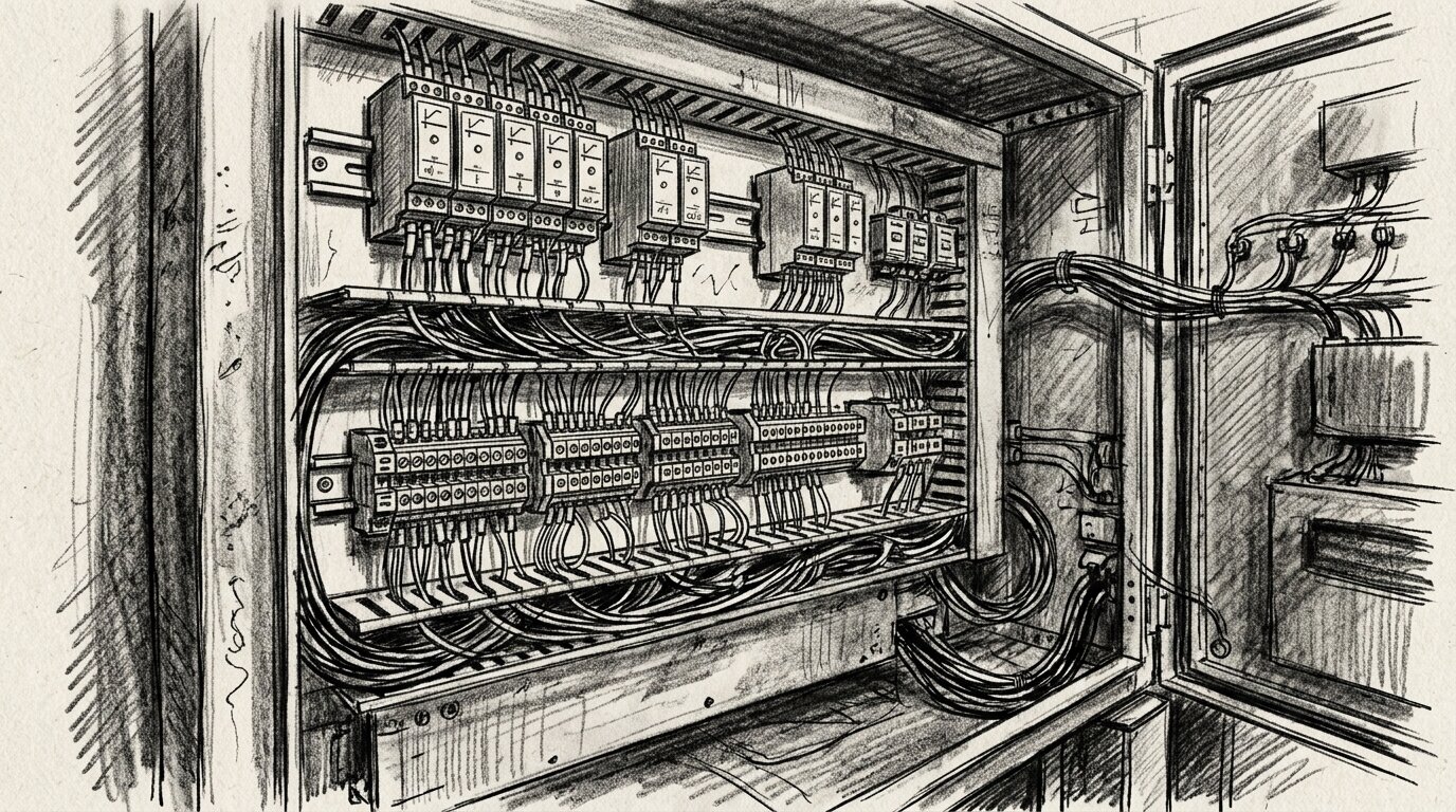 An industrial control panel with rows of thermocouple terminal blocks and transmitters, where cold-junction compensation and signal conversion happen