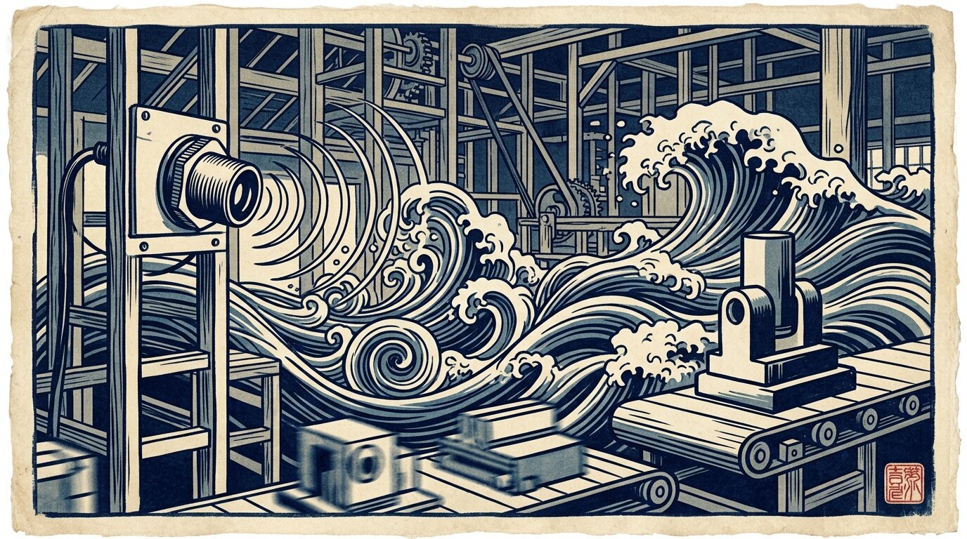 An ultrasonic sensor emitting a cone of sound-pressure waves toward a target on a production line, the echo returning to the sensor