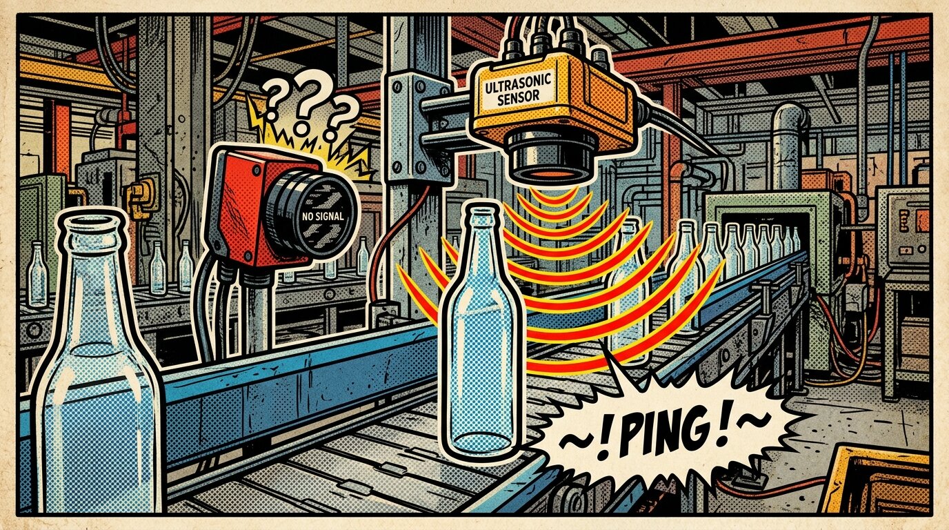 An ultrasonic sensor detecting a clear glass bottle on a conveyor while a nearby optical sensor cannot see the transparent target