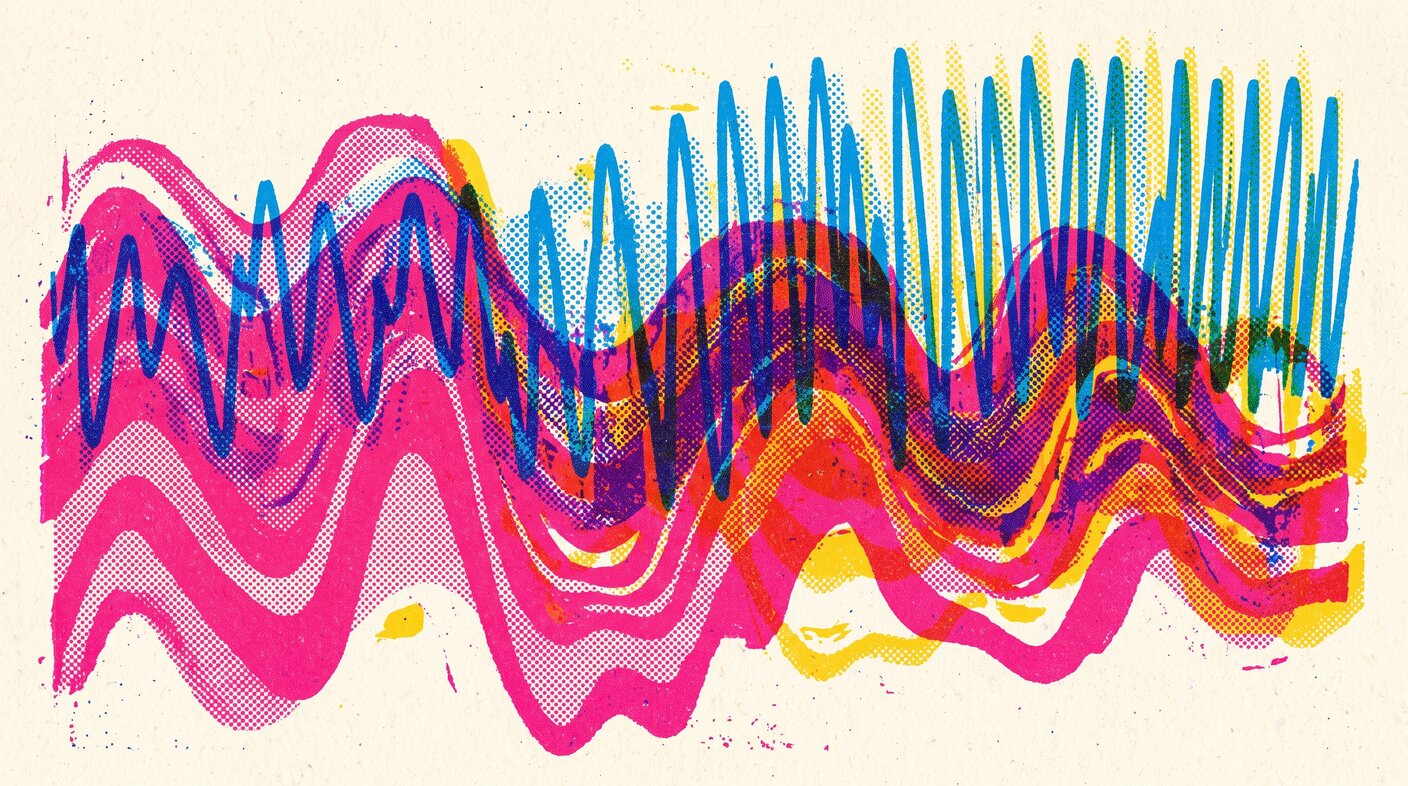Stylized visualization of HART's two FSK tones, 1200 Hz and 2200 Hz, as overlapping frequency bands