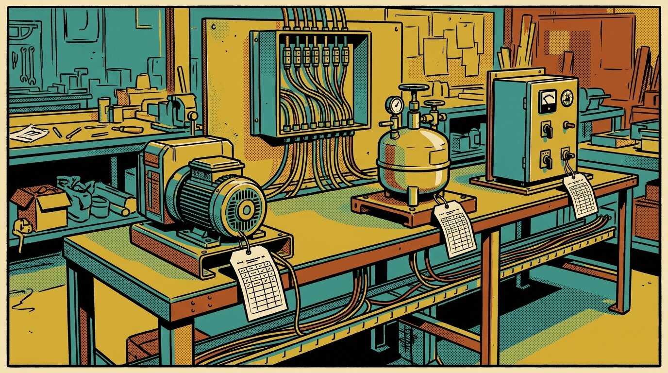 Different-vendor industrial machines feeding self-describing OPC UA data into one shared junction, illustrating vendor interoperability