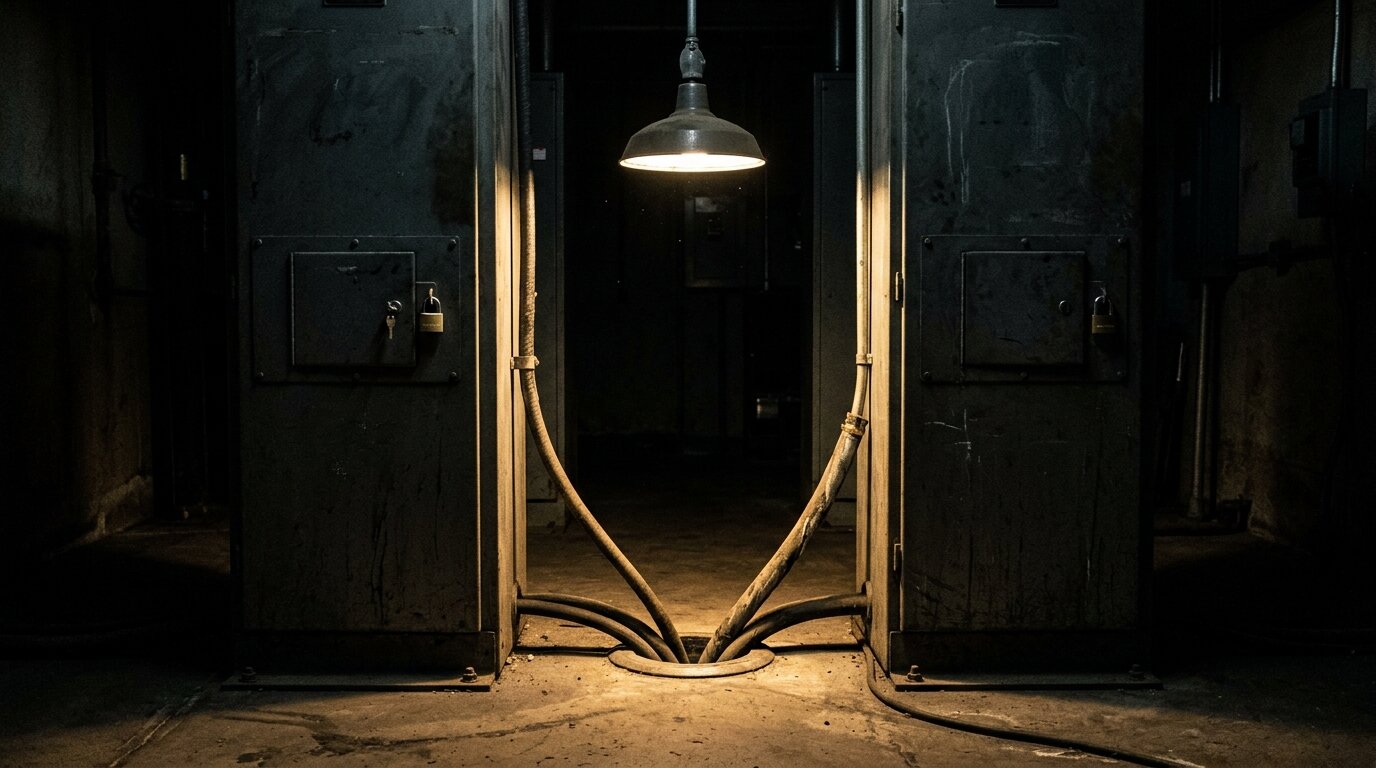 Locked industrial gateway cabinets linked by a single trusted connection, representing OPC UA's X.509 certificate security model