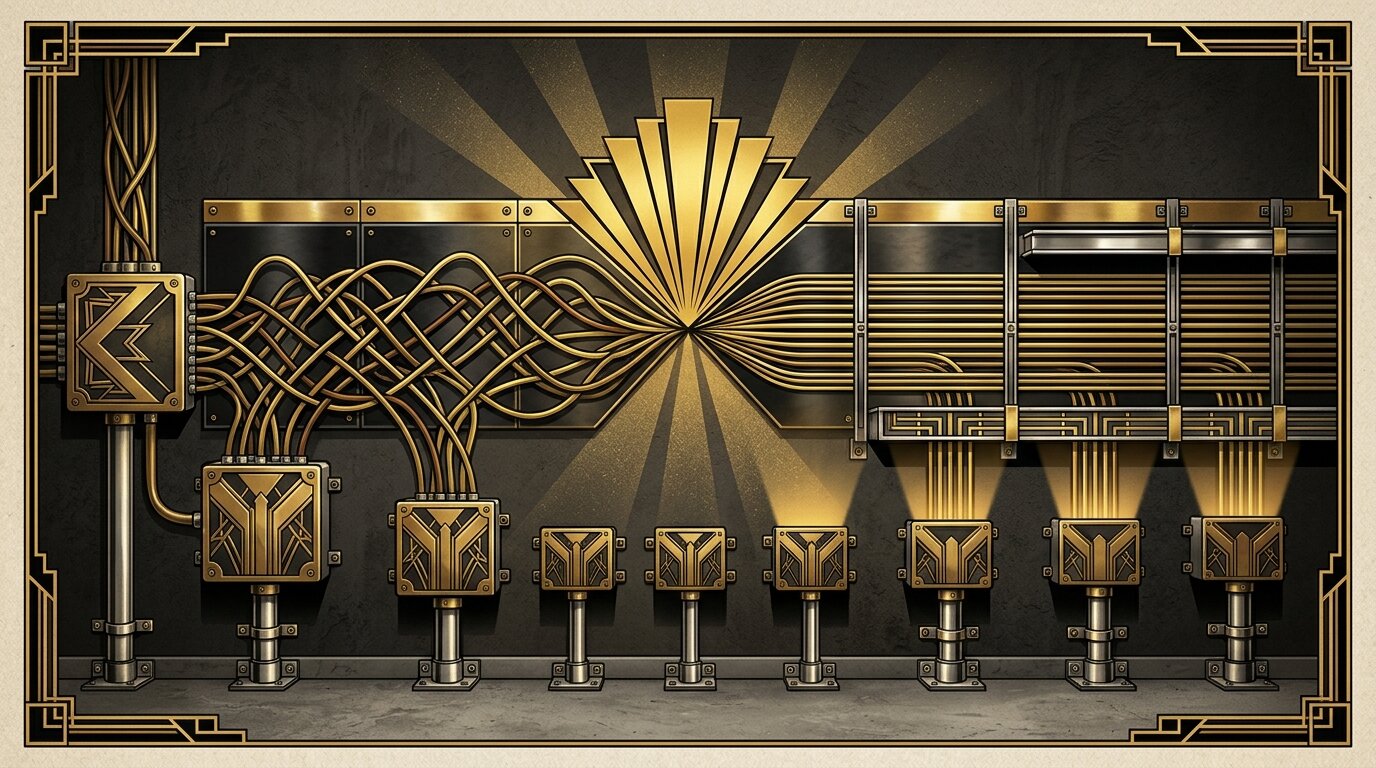 An Art Deco illustration of tangled cable runs resolving into an ordered grid, representing how Sparkplug B adds structure to raw MQTT traffic