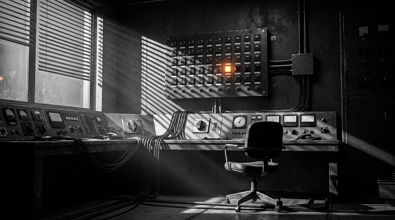 A film-noir control room with an annunciator status board, one lamp lit and an adjacent one gone dark, capturing the instant Sparkplug B marks a device's birth or death