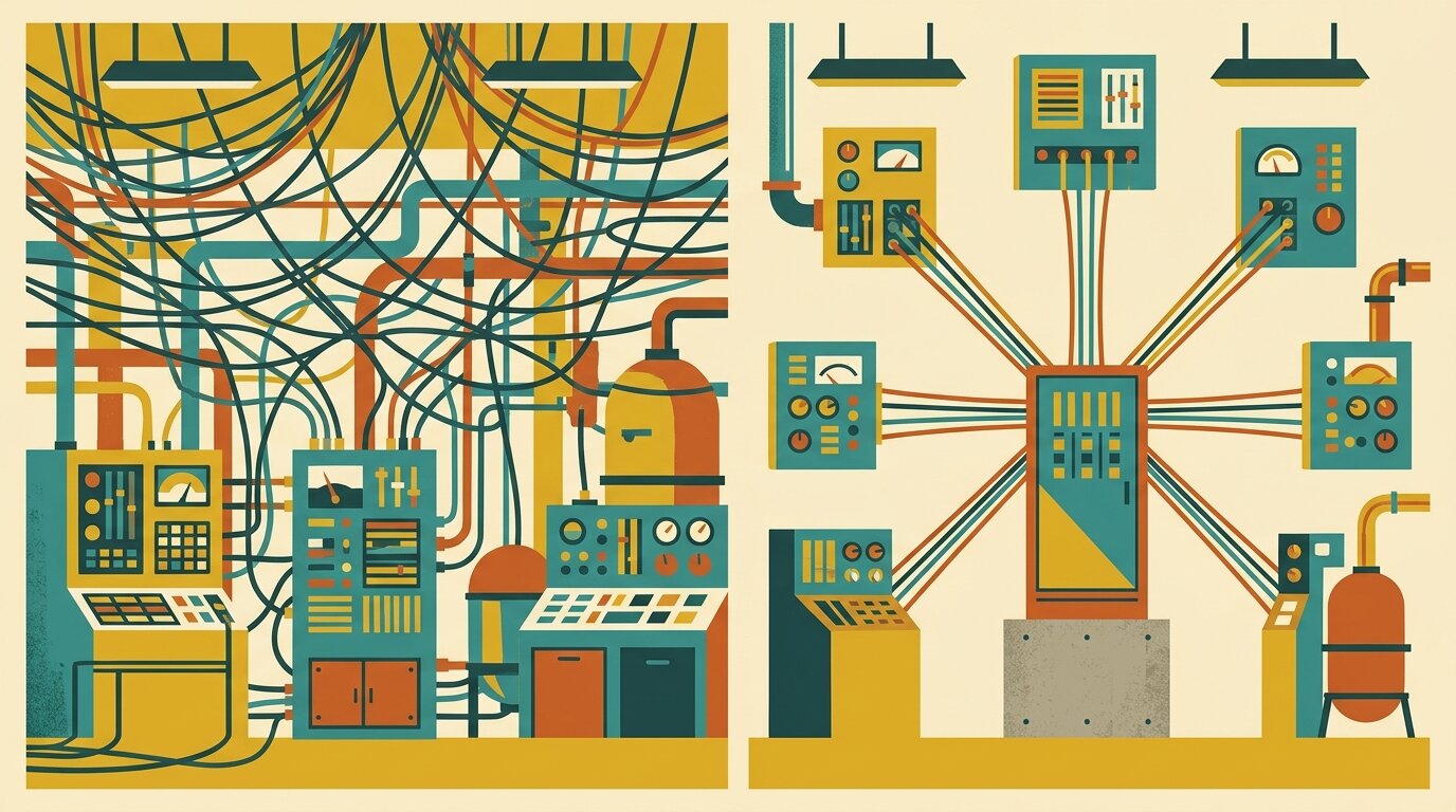 A mid-century poster-style illustration contrasting a tangled mess of factory cabling with the same systems reorganized into one clean radial hub, representing the single source of truth a unified namespace creates