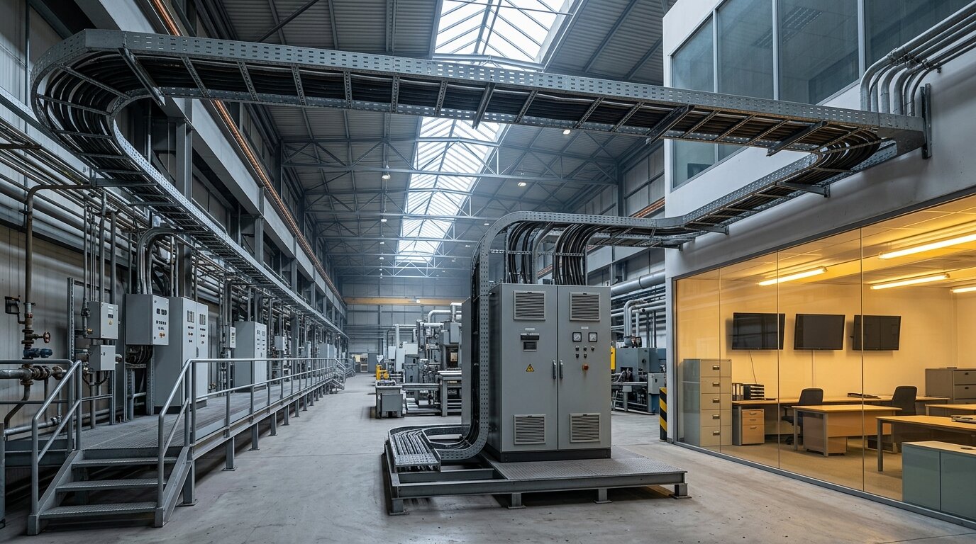 A wide-angle industrial photograph of an unbroken cable tray running from plant-floor edge instrument panels through a central switch cabinet to an office of dashboards, illustrating how data flows from edge devices to consumers through a unified namespace